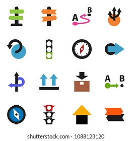 solid vector ixon set - compass vector, arrow up, route, signpost, traffic light, top sign, package, undo