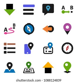 solid vector ixon set - compass vector, arrow down, up, navigator, map pin, traking, route, menu