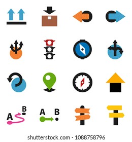 solid vector ixon set - compass vector, arrow up, route, signpost, traffic light, top sign, package, undo, pin