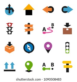 solid vector ixon set - compass vector, arrow up, route, signpost, traffic light, top sign, package, pin