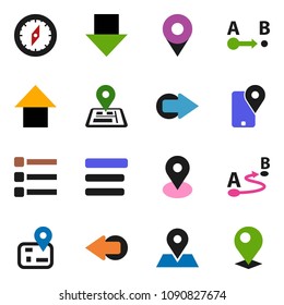 solid vector ixon set - compass vector, arrow down, up, navigator, map pin, traking, route, menu