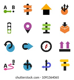 solid vector ixon set - compass vector, arrow up, route, signpost, traffic light, top sign, package, undo, pin