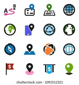 solid vector ixon set - compass vector, world, dollar flag, navigator, earth, map pin, traking, route, internet, connection, globe