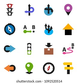 solid vector ixon set - compass vector, arrow up, route, traffic light, package, pin, signpost