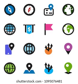 solid vector ixon set - compass vector, flag, dollar, navigator, earth, map pin, traking, internet, globe, route arrow