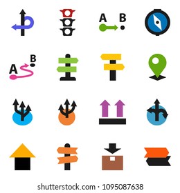 solid vector ixon set - compass vector, arrow up, route, signpost, traffic light, top sign, package, pin