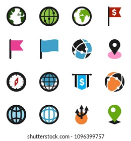 solid vector ixon set - compass vector, world, flag, dollar, earth, map pin, internet, connection, globe, route arrow