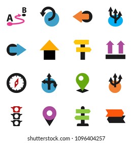 solid vector ixon set - compass vector, arrow up, route, signpost, traffic light, top sign, undo, pin