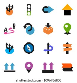 solid vector ixon set - compass vector, arrow up, route, signpost, traffic light, top sign, package, undo, pin