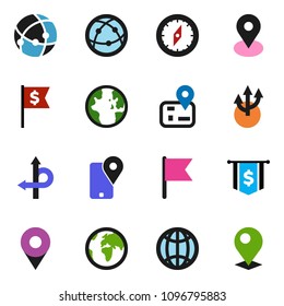 solid vector ixon set - compass vector, world, flag, dollar, route, navigator, earth, map pin, traking, internet, connection, globe, arrow