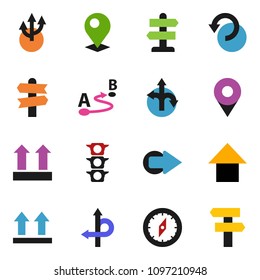 solid vector ixon set - compass vector, arrow up, route, signpost, traffic light, top sign, undo, pin