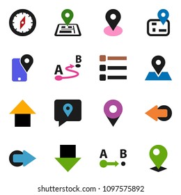 solid vector ixon set - compass vector, arrow down, up, navigator, map pin, traking, route, menu