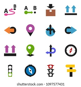 solid vector ixon set - compass vector, route, traffic light, top sign, package, arrow, pin, signpost