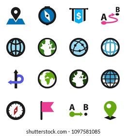 solid vector ixon set - compass vector, world, flag, dollar, route, earth, map pin, internet, globe