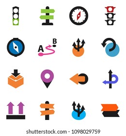 solid vector ixon set - compass vector, route, signpost, traffic light, top sign, package, arrow, undo, pin