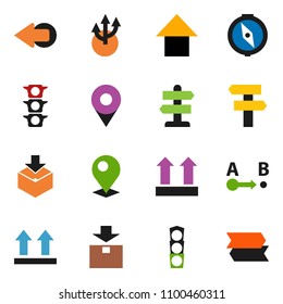 solid vector ixon set - compass vector, arrow up, signpost, traffic light, top sign, package, route, pin