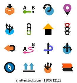 solid vector ixon set - compass vector, arrow up, route, traffic light, top sign, package, undo, pin, signpost