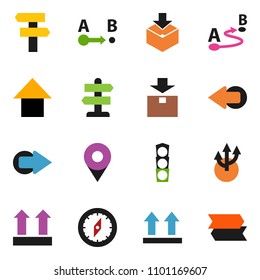 solid vector ixon set - compass vector, arrow up, signpost, traffic light, top sign, package, route, pin