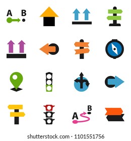 solid vector ixon set - compass vector, arrow up, route, signpost, traffic light, top sign, pin