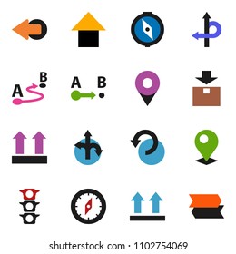 solid vector ixon set - compass vector, arrow up, route, traffic light, top sign, package, undo, pin, signpost