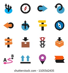 solid vector ixon set - compass vector, route, signpost, traffic light, top sign, package, arrow, undo, pin