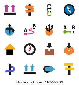solid vector ixon set - compass vector, arrow up, route, signpost, traffic light, top sign, package