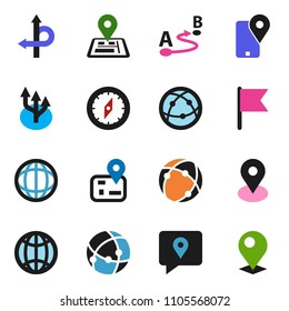 solid vector ixon set - compass vector, world, flag, route, navigator, map pin, traking, internet, connection, globe, arrow