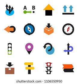 solid vector ixon set - compass vector, arrow up, route, traffic light, top sign, package, undo, pin, signpost