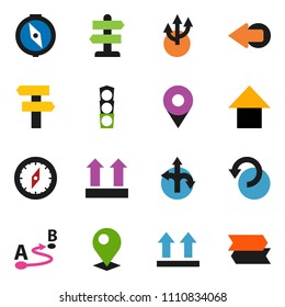 solid vector ixon set - compass vector, arrow up, route, signpost, traffic light, top sign, undo, pin