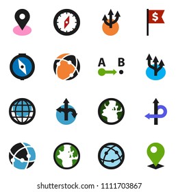 solid vector ixon set - compass vector, world, dollar flag, route, earth, map pin, internet, connection, globe, arrow