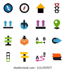 solid vector ixon set - compass vector, arrow up, route, signpost, traffic light, top sign, package, pin