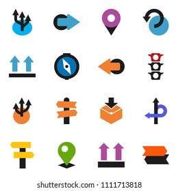 solid vector ixon set - compass vector, route, signpost, traffic light, top sign, package, arrow, undo, pin