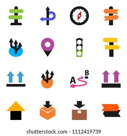 solid vector ixon set - compass vector, arrow up, route, signpost, traffic light, top sign, package, pin