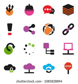 solid vector ixon set - connection vector, notebook network, cloud, exchange, lock, big data, lan connector, share, message, redo, loading, chain, hierarchy, route arrow, attention sign, stop