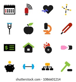 solid vector ixon set - constellation vector, piggy bank, receipt, hierarchy, calendar, diet, barbell, music hit, heart pulse, thermometer, crutches, microscope, usb modem, connection, home, auction