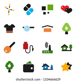 solid vector ixon set - constellation vector, dry cargo, heart, pills, eye doctor hat, drop counter, router, loading, chalet, fruit tree, key, wallet, clothes, star