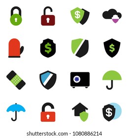 solid vector ixon set - cook glove vector, dollar shield, safe, umbrella, protected, patch, cloud, lock, unlock, home protect