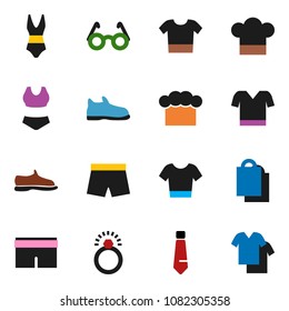 solid vector ixon set - cook hat vector, glasses, tie, snickers, shorts, swimsuite, t shirt, shopping bag, diamond ring, clothes