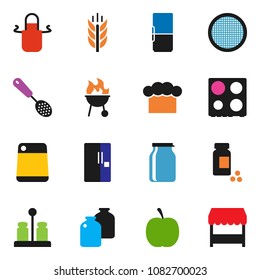 solid vector ixon set - cook hat vector, apron, skimmer, cutting board, oven, spices, bbq, sieve, jar, diet, pills vial, cereals, fridge, market