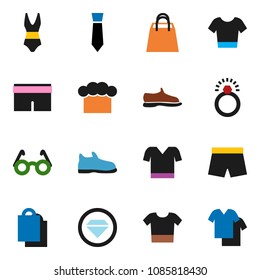 solid vector ixon set - cook hat vector, glasses, tie, snickers, shorts, swimsuite, t shirt, shopping bag, diamond ring, clothes