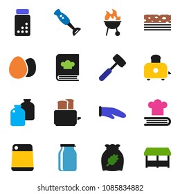 solid vector ixon set - cook glove vector, meat hammer, cutting board, toaster, cookbook, blender, bbq, jar, cereal, egg, pills vial, breads, market