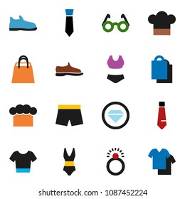 solid vector ixon set - cook hat vector, glasses, tie, snickers, shorts, swimsuite, t shirt, shopping bag, diamond ring, clothes