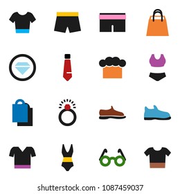 solid vector ixon set - cook hat vector, glasses, tie, snickers, shorts, swimsuite, t shirt, shopping bag, diamond ring, clothes