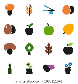 solid vector ixon set - cook press vector, egg, mushroom, potato, oil, apple fruit, leaf, diet, cereals, tree, flower in pot