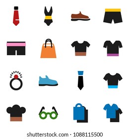 solid vector ixon set - cook hat vector, glasses, tie, snickers, shorts, swimsuite, t shirt, shopping bag, diamond ring, clothes