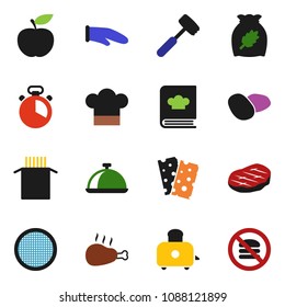 solid vector ixon set - cook hat vector, glove, timer, meat hammer, toaster, cookbook, sieve, dish, cereal, pasta, potato, steak, chicken leg, diet, breads, no fastfood