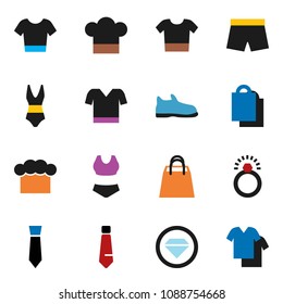 solid vector ixon set - cook hat vector, tie, snickers, shorts, swimsuite, t shirt, shopping bag, diamond ring, clothes