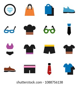 solid vector ixon set - cook hat vector, glasses, tie, snickers, shorts, swimsuite, t shirt, shopping bag, diamond ring, clothes