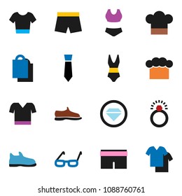 solid vector ixon set - cook hat vector, glasses, tie, snickers, shorts, swimsuite, t shirt, shopping bag, diamond ring, clothes