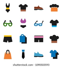 solid vector ixon set - cook hat vector, glasses, tie, snickers, shorts, swimsuite, t shirt, shopping bag, clothes